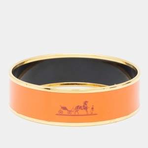 Hermès Orange Enamel Printed Caleche Gold Tone Wide Bracelet