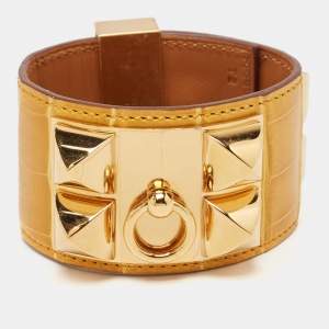 Hermès Collier de Chien Alligator Leather Gold Plated Cuff Bracelet 