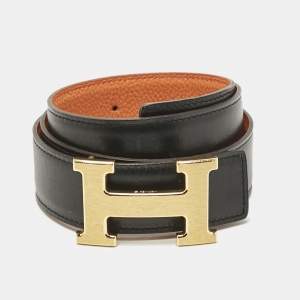 Hermes Orange/Black Togo and Box Leather H Buckle Reversible Buckle Belt 75CM