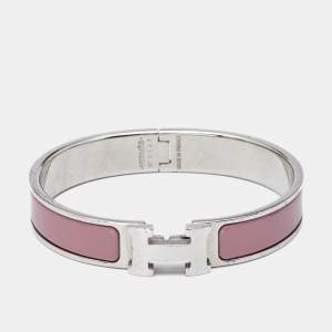 Pre Owned Hermès Clic H Pink Enamel Palladium Plated Bracelet