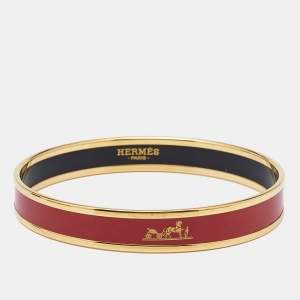 Hermes Caleche Red Enamel Gold Plated Narrow Bangle Bracelet