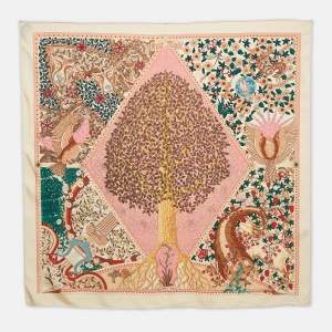 Pre Owned Hermes Pink Printed Silk Axis Mundi Scarf 