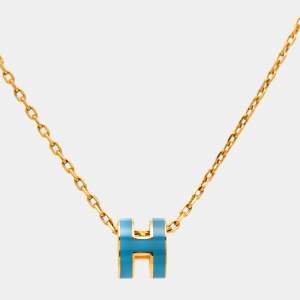 Hermes Mini Pop H Blue Enamel Gold Plated Pendant Necklace