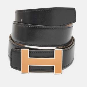 Hermes Black/Gold Box and Togo Leather Qiuzz H Reversible Belt 90CM