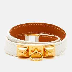 Hermès Rivale Double Tour White Leather Gold Plated Bracelet S