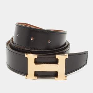 Hermes Noir/Gold Box and Togo Leather H Buckle Reversible Belt 90 CM
