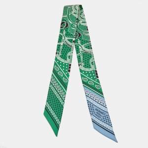 Hermes Green & Blue Printed Silk Twilly