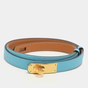 Pre Owned Hermes Blue Aztec Epsom Leather Gold Tone Finish Kelly 18 Belt Adjustable