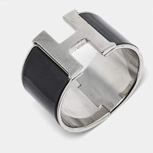 Hermes Clic Clac H Black Enamel Palladium Plated Extra Wide Bracelet
