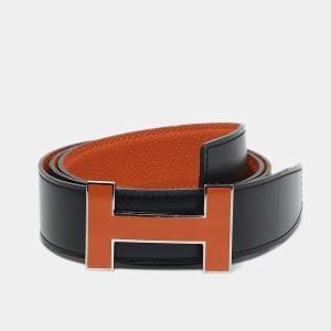 Hermès Noir/Orange Box and Togo Leather Qiuzz H Reversible Belt 80 CM