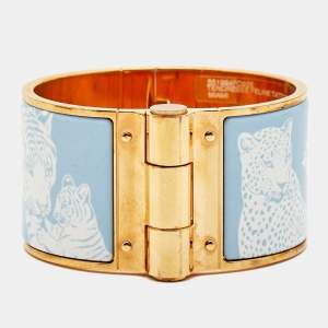 Hermès Tendresse Feline Tattoo Enamel Gold Plated Wide Hinged Bangle Bracelet