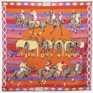 Hermès Orange Silk Les Poneys De Polo Scarf 