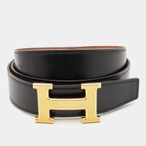 Hermès Noir/Gold Box and Togo Leather Guilloche H Buckle Reversible Belt 85 CM
