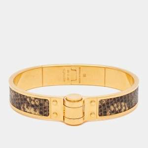 Hermes Lizard Skin Gold Plated Narrow Hinged Bangle Bracelet