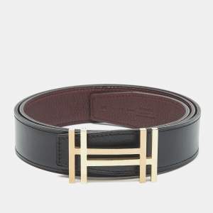 Hermes Noir/Bordeaux Box and Togo Leather H Au Carre Reversible Belt 90 CM