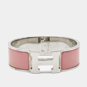 Pre Owned Hermès Clic Clac H Pink Enamel Palladium Plated Wide Bracelet