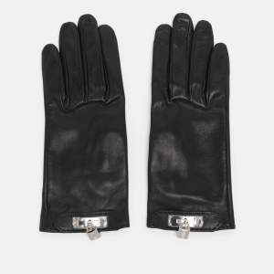 Pre Owned Hermès Noir Leather Soya Kelly Lock Gloves Size 6