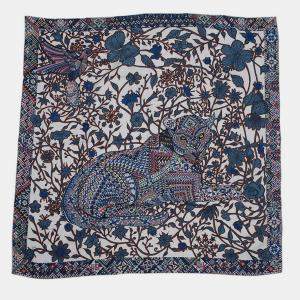 Pre Owned وشاح هيرمس مربع ضخم الكشمير الحرير جاكوار الطائر الطنان الرمادي سين/أزرق/أكاجو ١٤٠