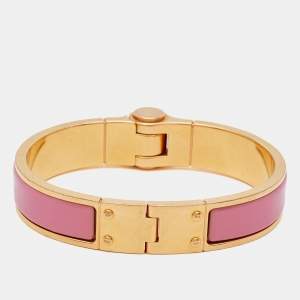 Pre Owned Hermès Pink Enamel Gold Plated Charniere Narrow Hinged Bracelet