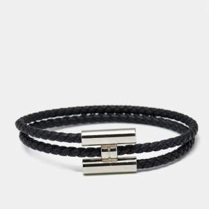 Pre Owned Hermes Tournis Tresse Black Leather Palladium Plated Bracelet