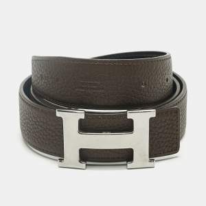 Pre Owned Hermès Chocolat/Black Clemence and Box Leather H Buckle Belt 90CM