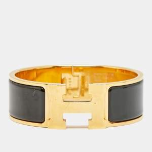 Pre Owned Hermes Clic Clac H Black Enamel Gold Plated Bracelet