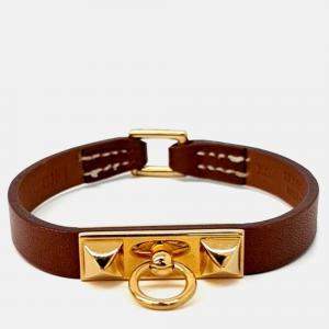 Pre Owned Hermes Brown/Gold Leather Micro Rival Bracelet