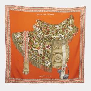 Pre Owned Hermès Orange Silk Selle Des Steppes Scarf