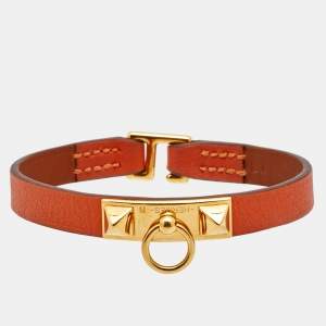 Pre Owned Hermes Rivale Leather Gold Plated Bracelet 