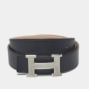 Pre Owned Hermes H Guilloche Buckle Belt 90CM Rose Sakura/Blue Nuit Epsom and Swift Leather