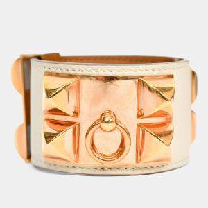 مملوكة مسبقًا Hermes 2015 White Leather Gold Tone 'Collier de Chien' Bracelet