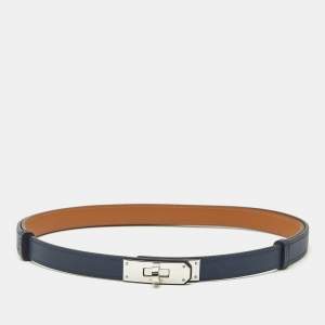 Pre Owned Hermès Kelly 18 Palladium Finish Adjustable Belt Bleu Navy Epsom Leather