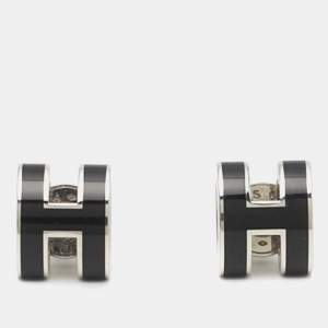 Pre Owned Hermes Mini Pop H Enamel Palladium Plated Earrings