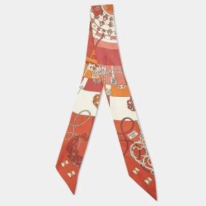 Pre Owned Hermes Orange Print Silk Twilly