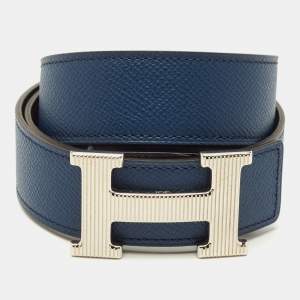 Pre Owned Hermes H Strie 95 CM Reversible Buckle Belt Bleu De Malte/Bleu Nuit Epsom and Togo Leather