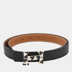 Pre Owned Hermes H Enamel Cool Buckle Reversible Belt Black/Gold Swift Leather Epsom Size 85