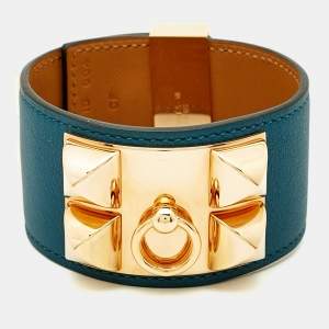 Pre Owned سوار هيرمس كوليه دو شين جلد أزرق مطلي بالذهب كبير