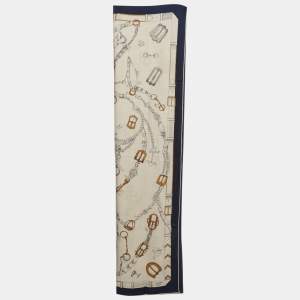 Pre Owned Hermès Naturel/Navy Blue Les Chevaux Dechaine Cashmere & Silk Shawl 140