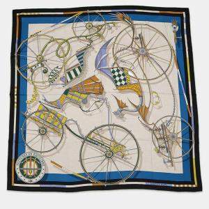 Pre Owned Hermes Giant Square Elaborate Carriage Voitures En Equilibre Fall/Winter 2023 Size 140 Black/Blue Cobalt/Natural Cashmere70% Silk30%