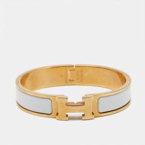 Pre Owned Hermès Clic H White Enamel Rose Gold Plated Bracelet