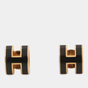 Pre Owned Hermes Pop Ash Earrings Black Gold Plated