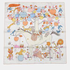 Pre Owned Hermes Carre 90 Le Pommier Sellier Size 90 White/Blue Glacier/Apricot Silk100%