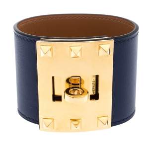 Pre Owned Hermes Kelly Dog Extreme Blue Leather Gold Plated Wide Bracelet S