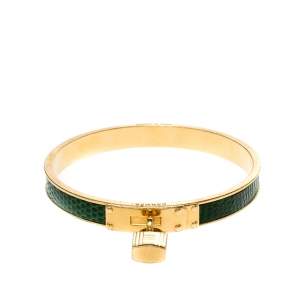 Hermes Kelly Lock Cadena Green Lizard Skin Gold Plated Bangle Bracelet