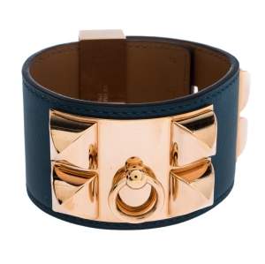 Pre Owned Hermes Collier De Chien Malachite Green Leather Rose Gold Plated Cuff Bracelet