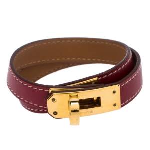 Pre Owned Hermes Kelly Double Tour Red Leather Gold Plated Wrap Bracelet