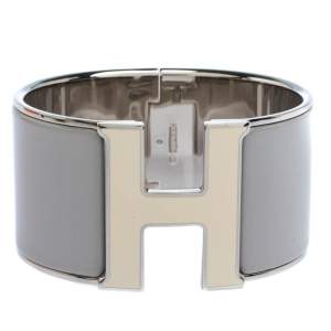 Pre Owned Hermès Clic Clac H Grey Enamel Palladium Plated Extra Wide Bracelet GM