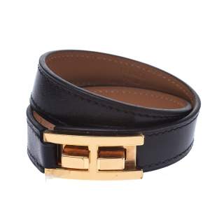 Pre Owned Hermes Drag Double Tour Black Leather Gold Plated Wrap Bracelet