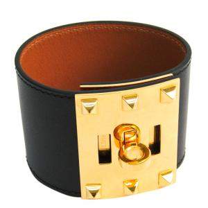 Pre Owned Hermes Kelly Dog Black Leather Gold Plated Wide Bracelet S