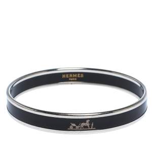 Pre Owned Hermes Caleche Black Enamel Palladium Plated Bangle Bracelet